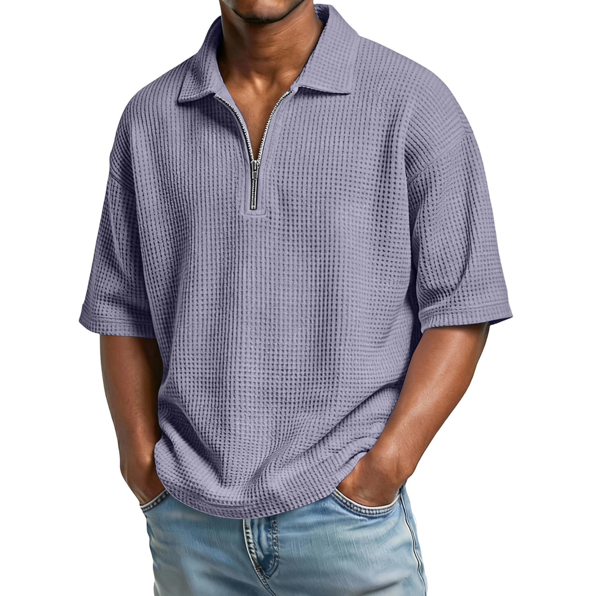 Men's Waffle-Weave Short-Sleeved Shirts Summer Solid Color Lapel Polo Shirt T-Shirt Beach Style Tops - Grab & Glow