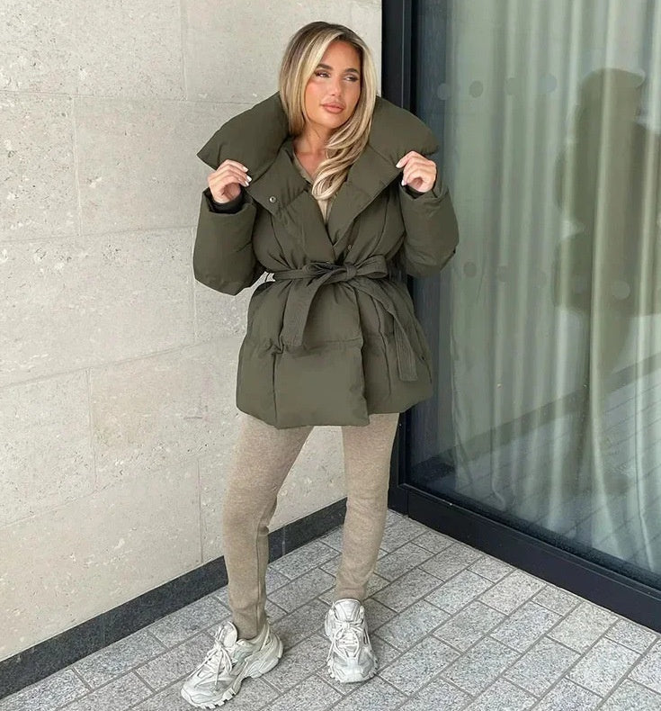 Winter Thickened Jacket Fashion Lapel Cotton Coat With Belt Warm Casual Top Outwear Women's Clothing - Grab & Glow