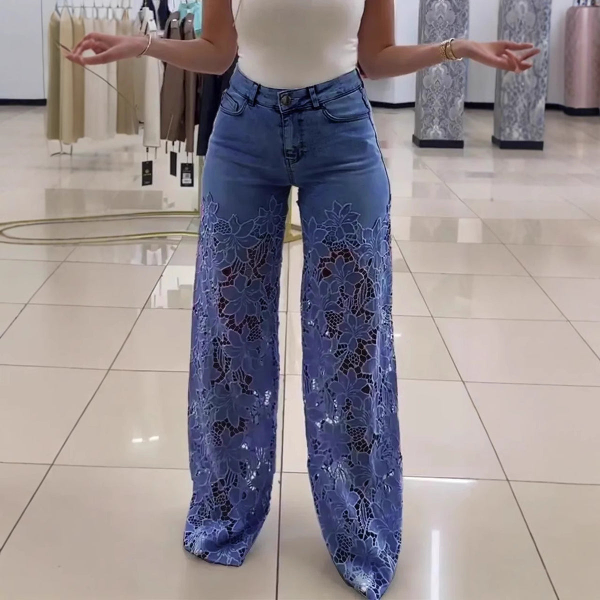 Y2K Lace Flowers Hollow Jeans Fashion High Waist Straight Wide Leg Pants Solid Color Trousers Women's Clothing - Grab & Glow