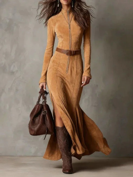 Slim Zipper Dress Elegant Temperament Split Long-sleeved Dresses Cowboy Fashion Retro Women's Clothing - Grab & Glow