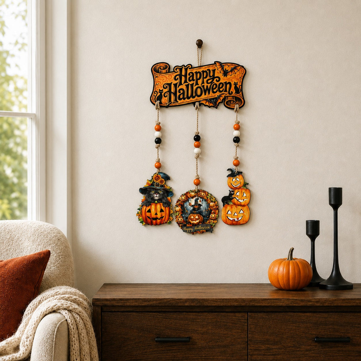 Happy Halloween Wooden Wall Hanger — Pumpkin, Cat & Bat Home Decor - Grab & Glow