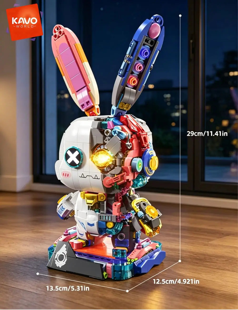 KAVOWORLD 1377PCS Robot Rabbit Building Blocks Set LED Light Up Multi-Point Rotatable Detachable Base DIY Cyberpunk Mecha Building Rabbit Bricks Kit Mechanical Bunny Construction Toy for Home Office Desk Decor Christmas Birth - Grab & Glow