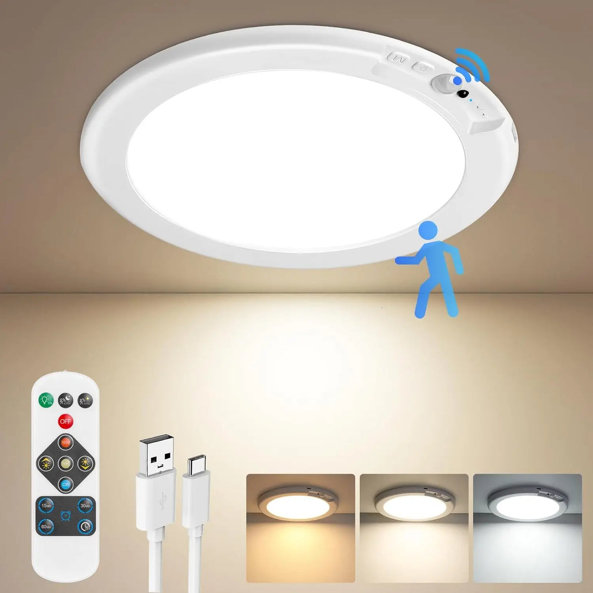 2/4Pcs Rechargeable Ceiling Lights, Motion Sensor Lights No Wiring, Wireless Closet Lights Battery Operated, for Bathroom Laundry Room Kitchen Porch Stair Hallway Shower Pantry Garage by Grab & Glow