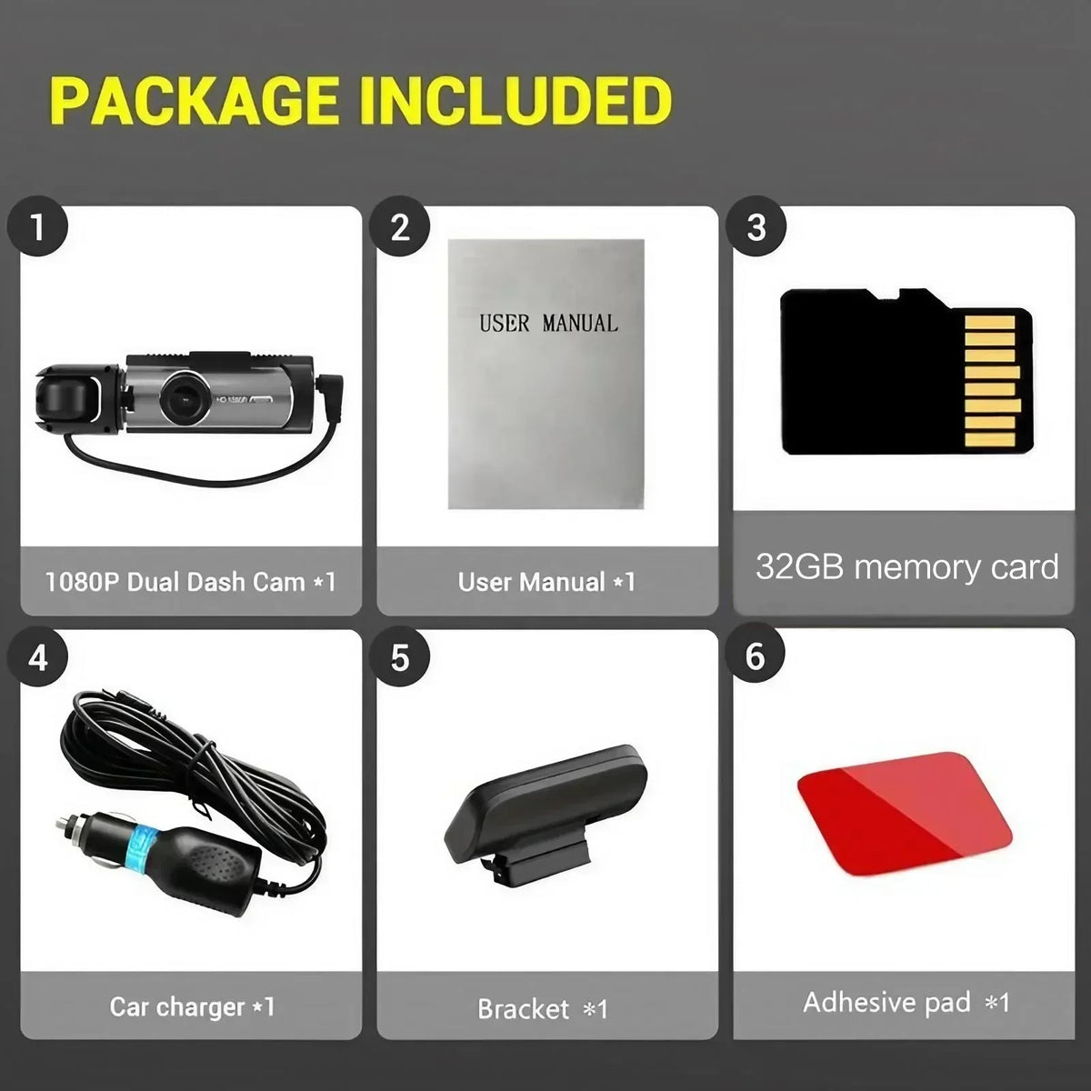 1080P HD Dual Lens Front and Rear Car Dash Cam Driving Recorder IR Night Vision G Sensor Parking Mode Motion Detection Three Point One Six Inch IPS Screen Wide Angle Loop Recording Supports One Hundred Twenty Eight GB Max H26 - Grab & Glow