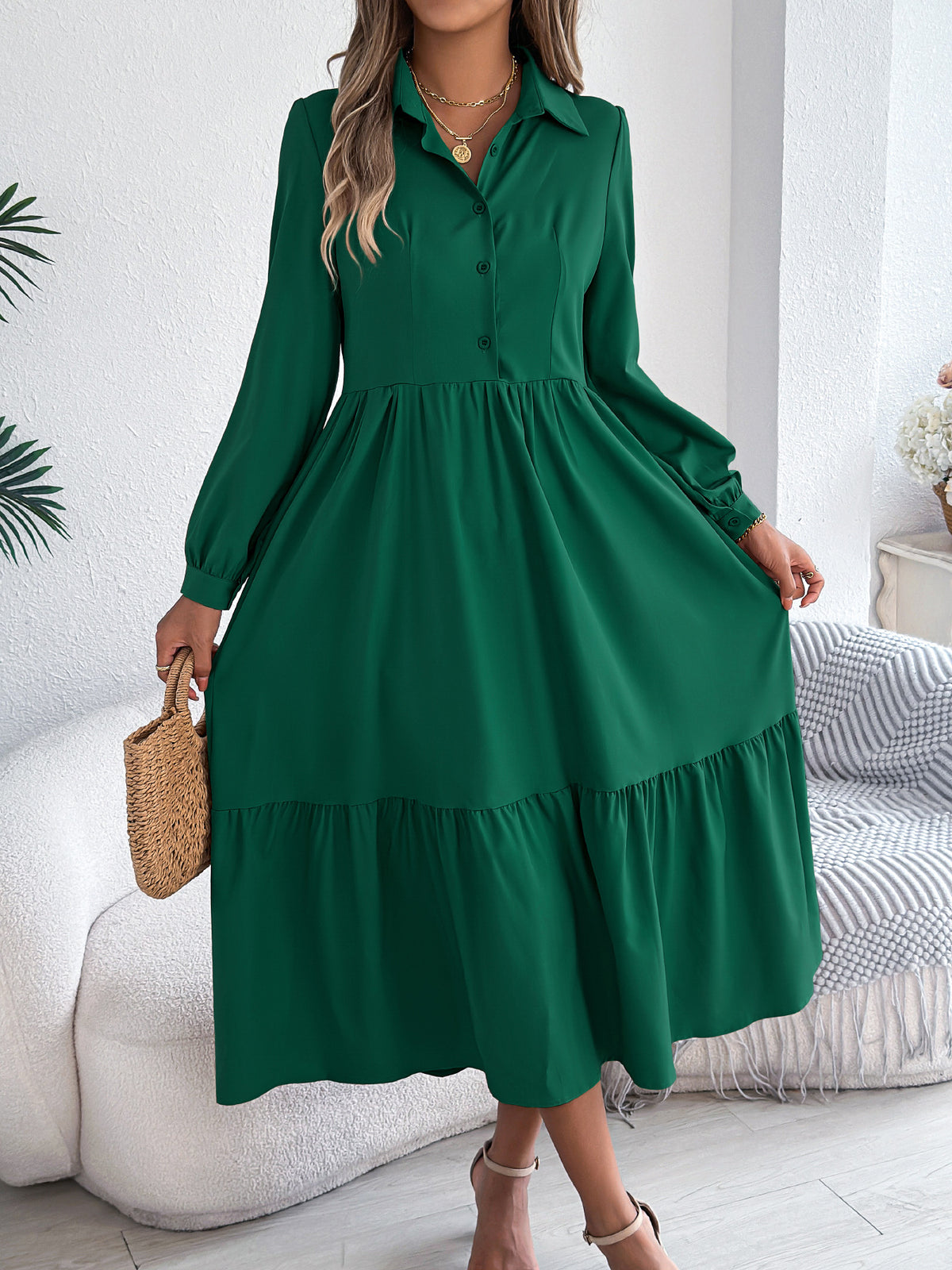 Women's Lapel Casual Loose Long Sleeve Ruffled Shirt Dresses Long Sleeved Turn-down Collar Single-Breasted Dress Spring Autumn Fashion Women's Clothing For Vacation - Grab & Glow