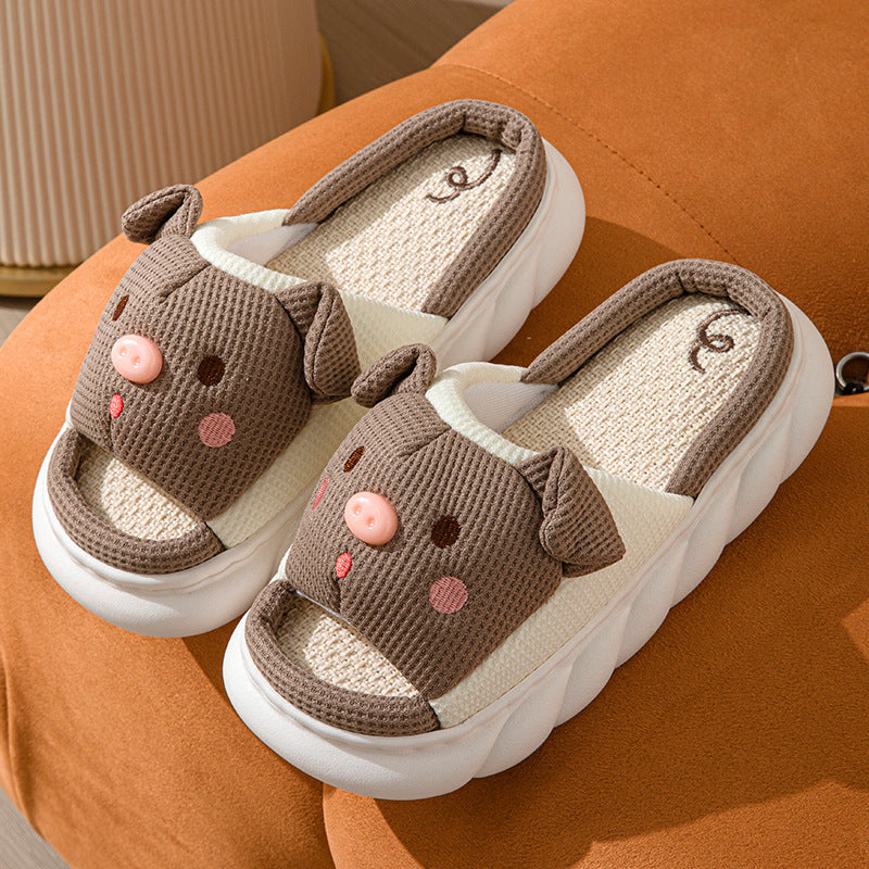 Cute Piggy Slippers Open Toe Linen Home Slipper Couples Women Men Cartoon Pig House Shoes - Grab & Glow
