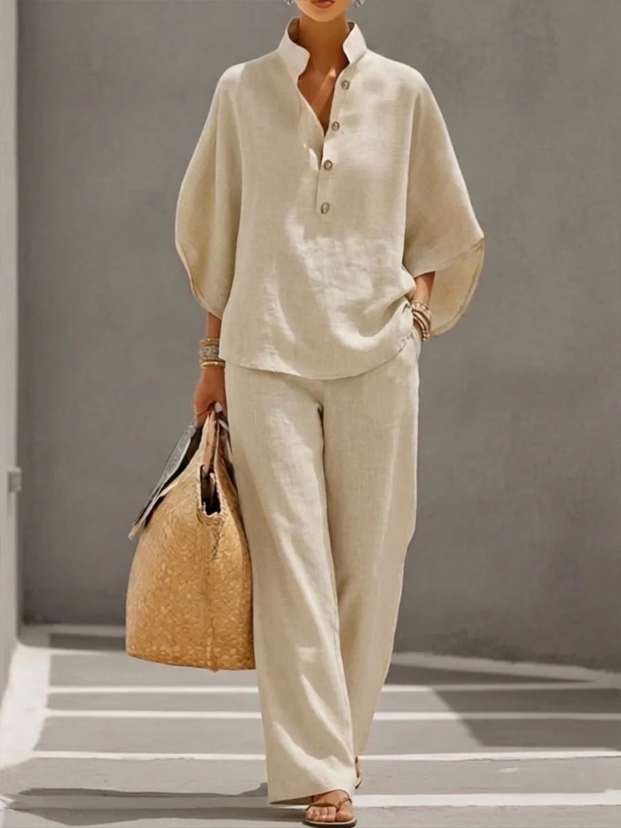 Women's Short-sleeved Suit Summer Loose Pullover Top And Straight-leg Trousers Outfit Clothing - Grab & Glow