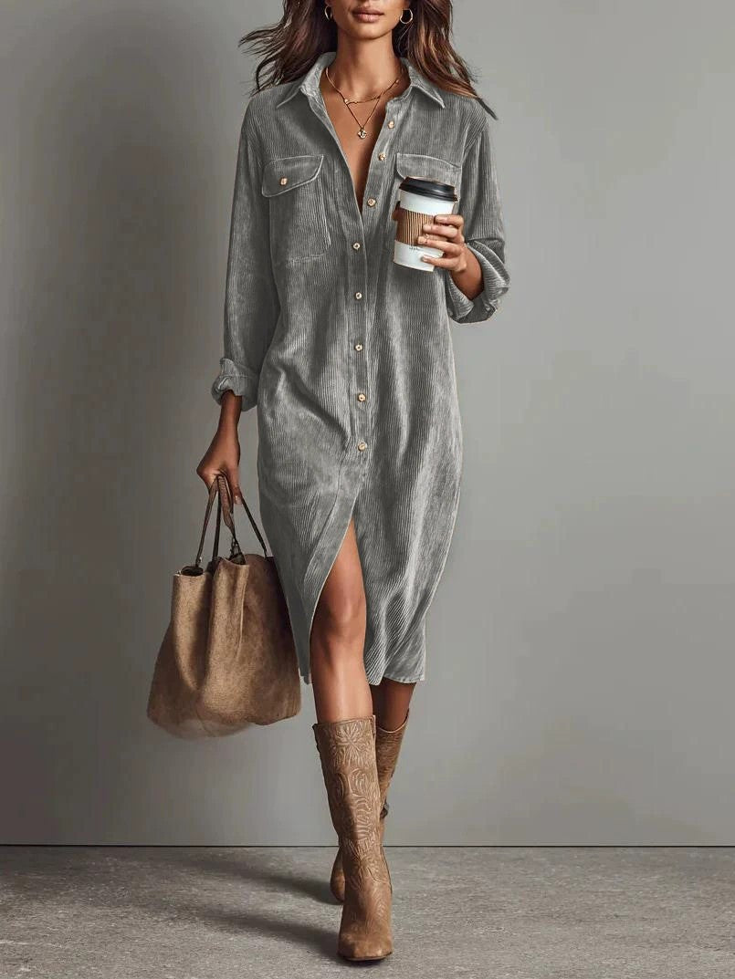 Turn-Down Collar Buttons Chic Casual Dress, Women Spring Autumn Solid Simple Party Dress, Long Sleeve Holiday Ladies Dress - Grab & Glow