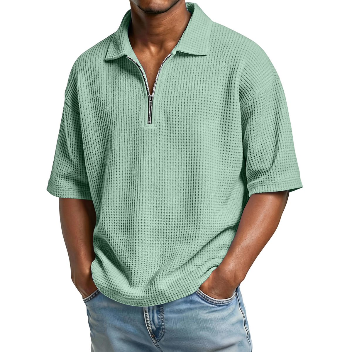 Men's Waffle-Weave Short-Sleeved Shirts Summer Solid Color Lapel Polo Shirt T-Shirt Beach Style Tops - Grab & Glow