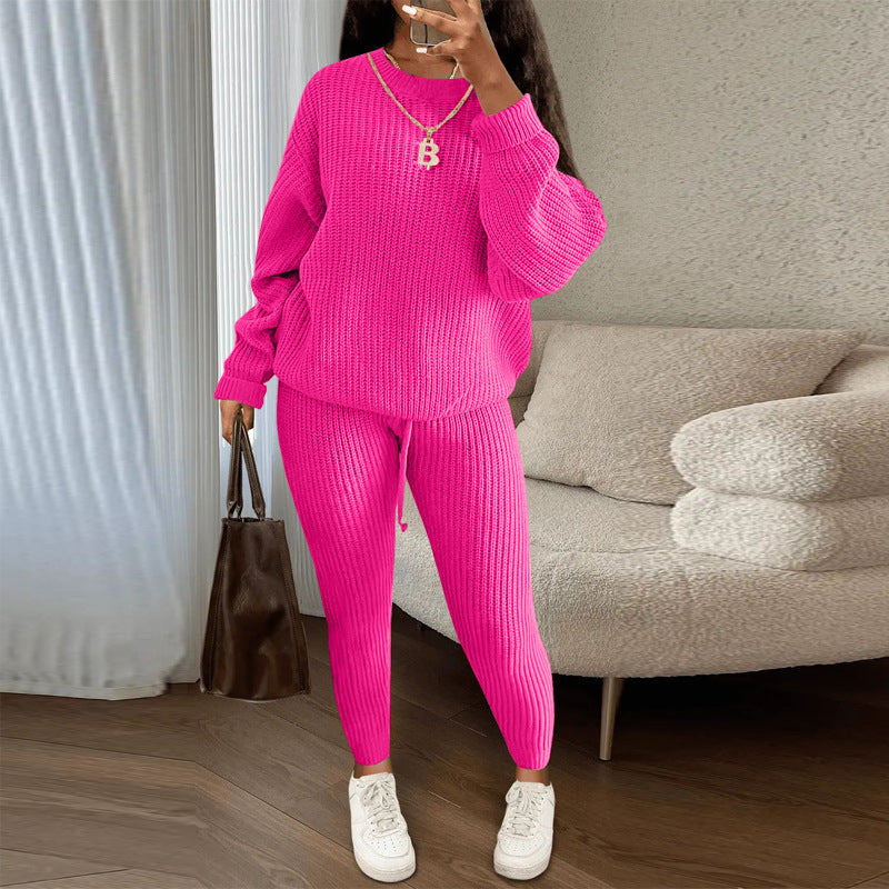 Winter Ribbed Knit Suits Fashion Loose Pullover Sweater Top And Drawstring Pants For Women Trouser Set Clothing - Grab & Glow