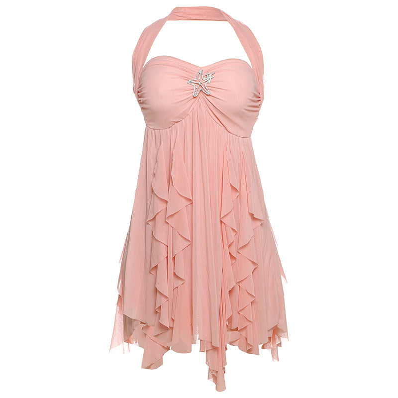 Ins Halter Neck Backless Dress Summer Sexy Printed Irregular Mesh Short Dresses For Evening Party Club Women's Clothing - Grab & Glow