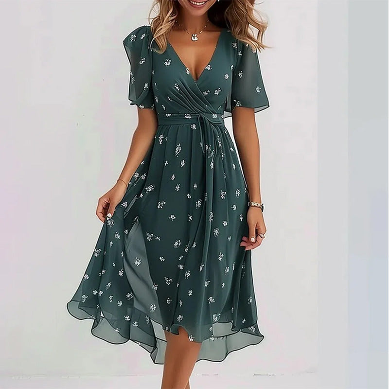 Flowers Printed V-neck Dress Summer A-line Short-sleeved Dresses For Women - Grab & Glow