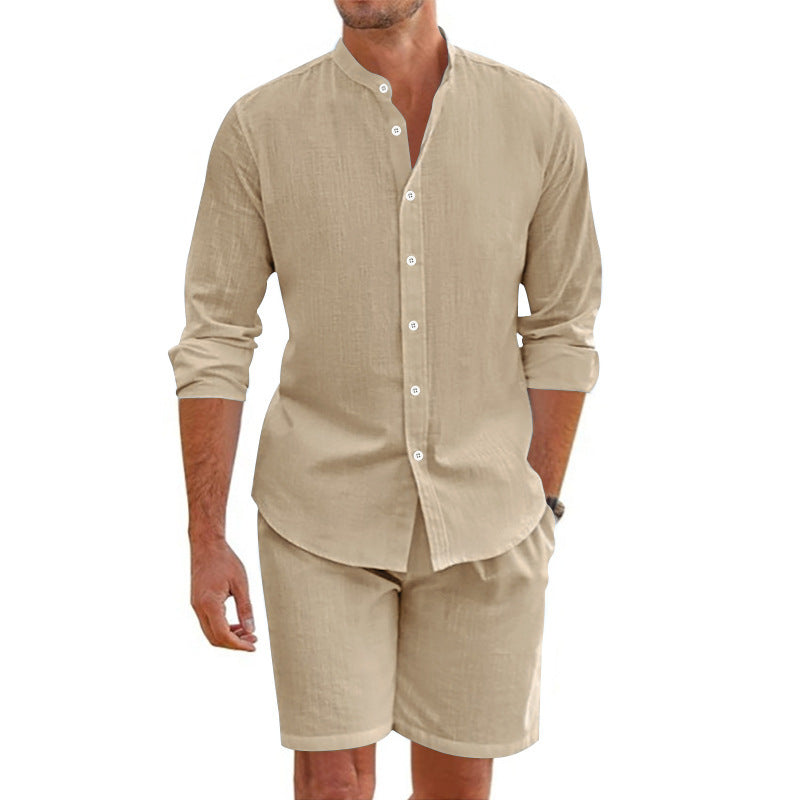 Summer Short Shirt Suit Fashion Lapel Button Down Short Sleeve Top And Drawstring Shorts Beach Clothing For Men - Grab & Glow