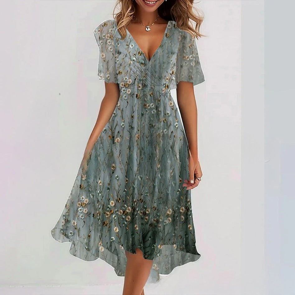 Flowers Printed V-neck Dress Summer A-line Short-sleeved Dresses For Women - Grab & Glow