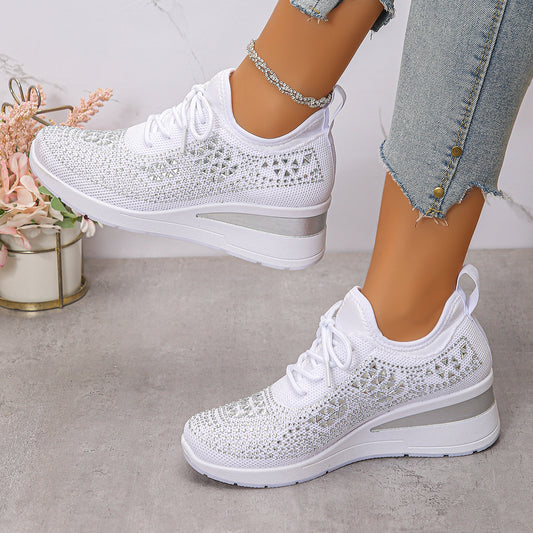 Ins Rhinestone Sneakers Fashion Lace Up Wedges Casual Shoes Women's Daily Commuting Sports Shoes - Grab & Glow