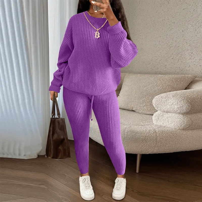 Winter Ribbed Knit Suits Fashion Loose Pullover Sweater Top And Drawstring Pants For Women Trouser Set Clothing - Grab & Glow