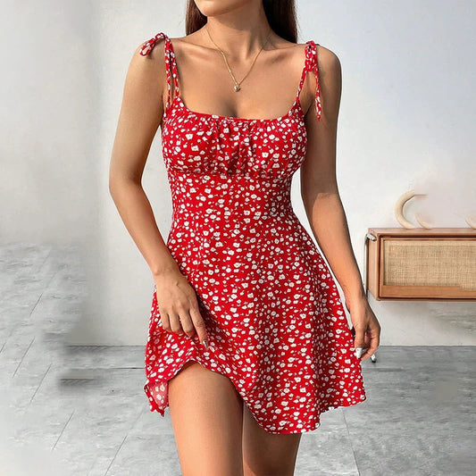 Floral Print Dress Summer Sweet A- Line Waist Trimming Dresses Women's Slimming Casual Clothing - Grab & Glow
