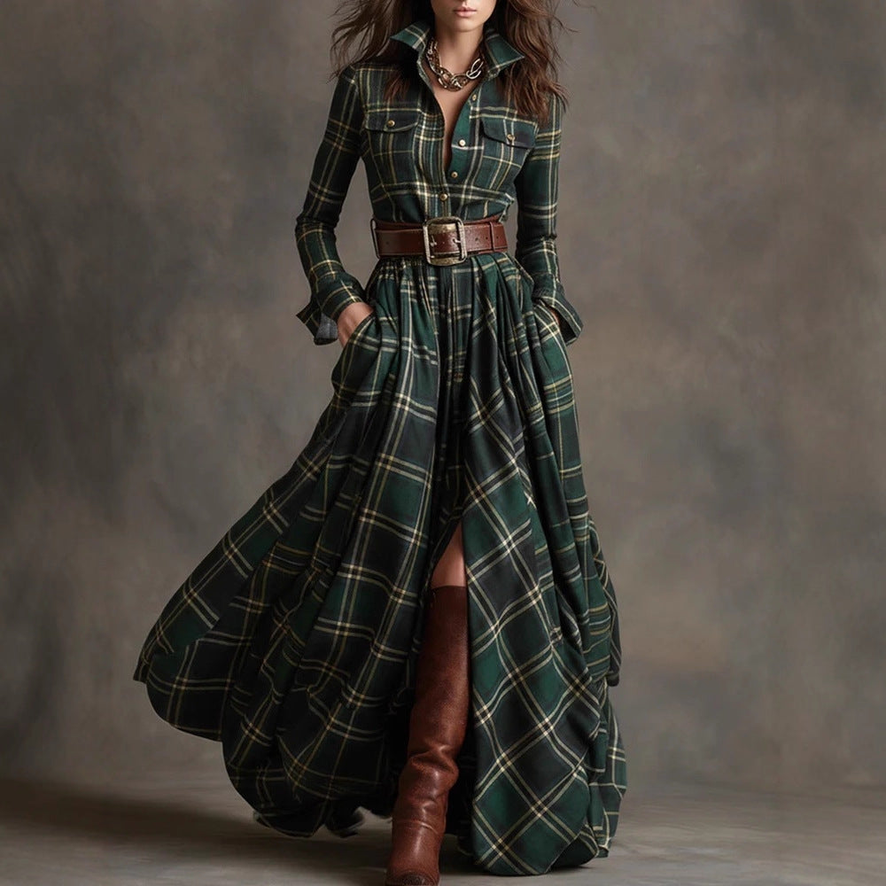 Plaid Print Long-Sleeve Shirt Dress - Grab & Glow