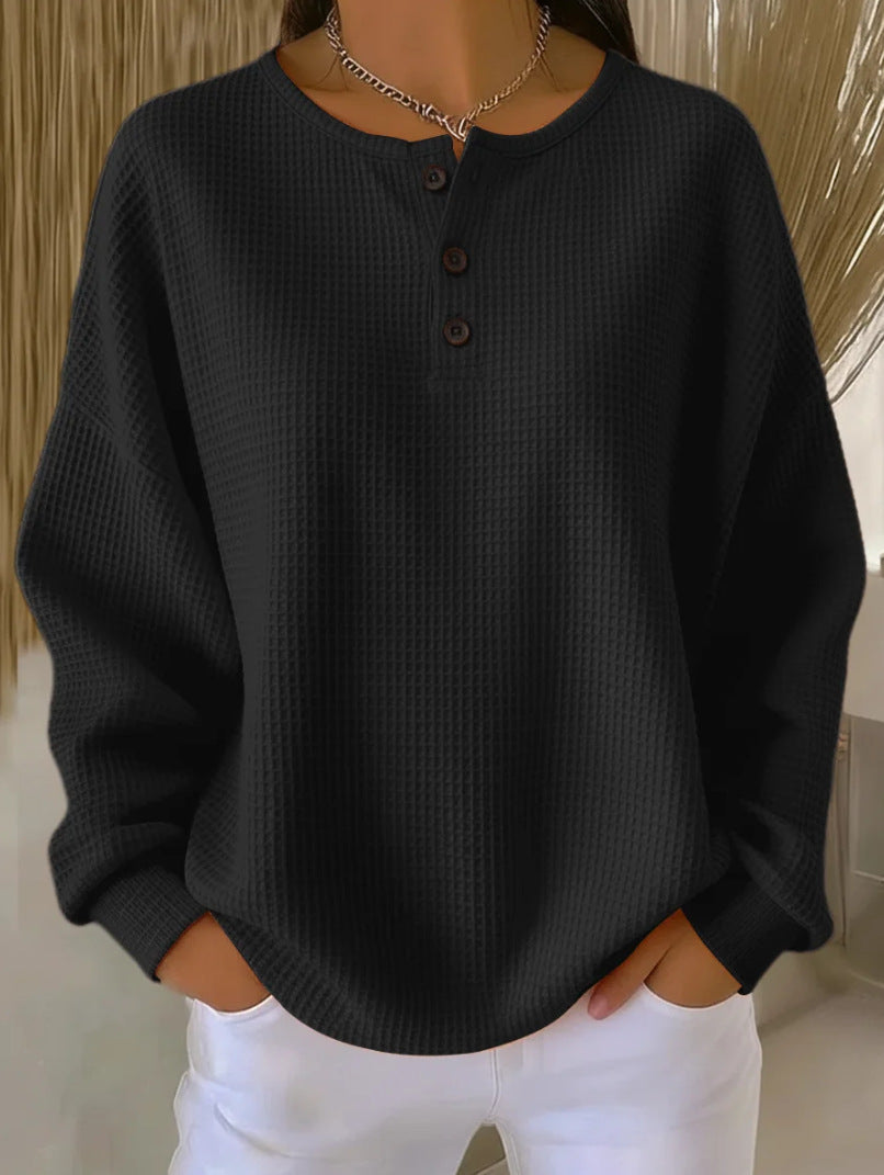 Ins Waffle Long-sleeved T-shirt Fashion Solid Color Buttons Round Neck Pullover Top Women's Clothing - Grab & Glow