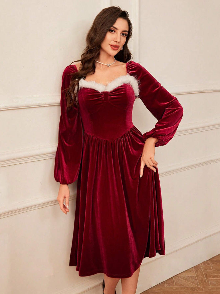 Women's Vintage Christmas Party Long Sleeve Red Velvet Dress Square Collar Dress Elegant Slimming Waist Autumn Women's Clothing - Grab & Glow