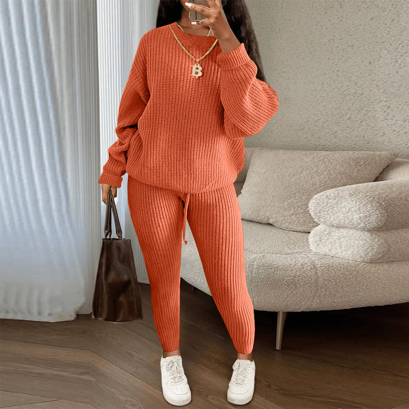 Winter Ribbed Knit Suits Fashion Loose Pullover Sweater Top And Drawstring Pants For Women Trouser Set Clothing - Grab & Glow