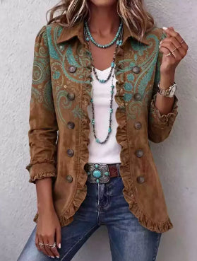 Ruffled Jacket Solid Color Pleated Lapel Blazer Women's Fashion Casual Printed Suit Jacket Office Wear Clothing - Grab & Glow