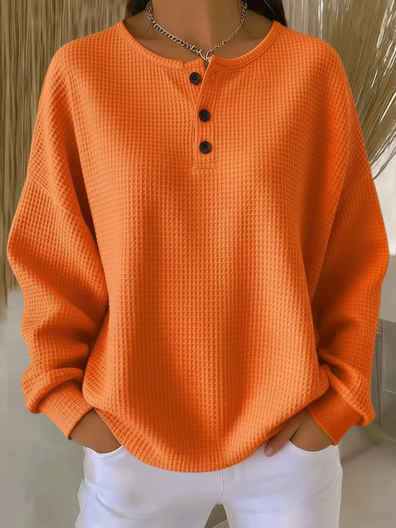 Ins Waffle Long-sleeved T-shirt Fashion Solid Color Buttons Round Neck Pullover Top Women's Clothing - Grab & Glow