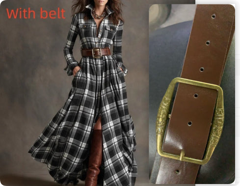 Ins Plaid Print Long-Sleeved Dress Fashion Pockets Collared Buttons Shirt Long Dresses Retro Women's Clothing - Grab & Glow