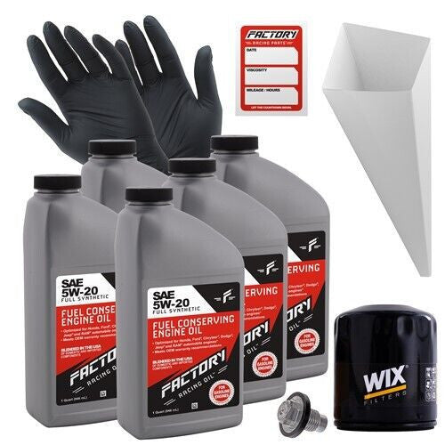 Factory Racing Parts Oil Change Kit Fits Dodge Grand Caravan 3.3L 2001-2002 / 3.8L 2004-2010, Neon 2.0L 2004-2005 5W-20 Full Synthetic Oil - 5 Quarts - Grab & Glow