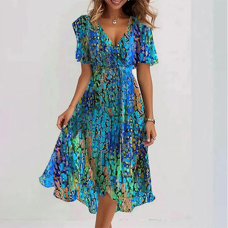 Flowers Printed V-neck Dress Summer A-line Short-sleeved Dresses For Women - Grab & Glow
