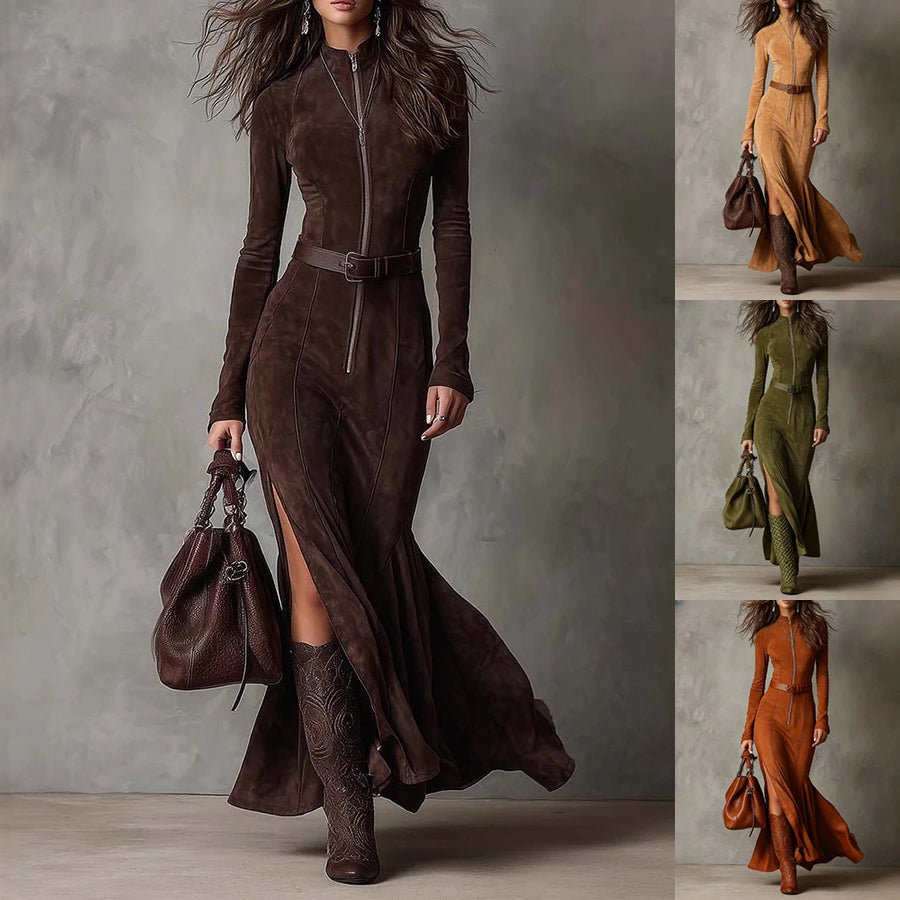 Slim Zipper Dress Elegant Temperament Split Long-sleeved Dresses Cowboy Fashion Retro Women's Clothing - Grab & Glow