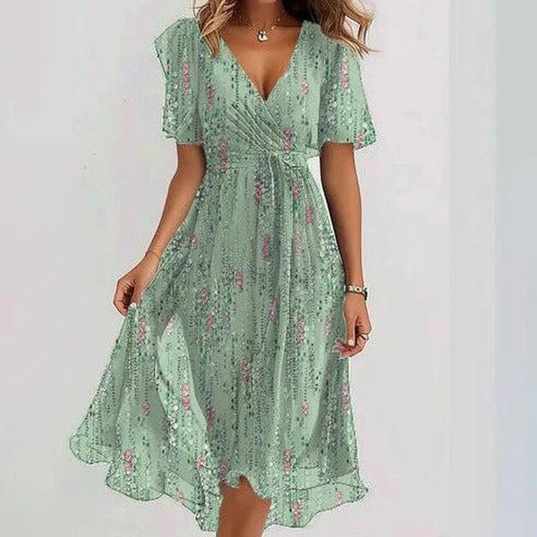 Flowers Printed V-neck Dress Summer A-line Short-sleeved Dresses For Women - Grab & Glow