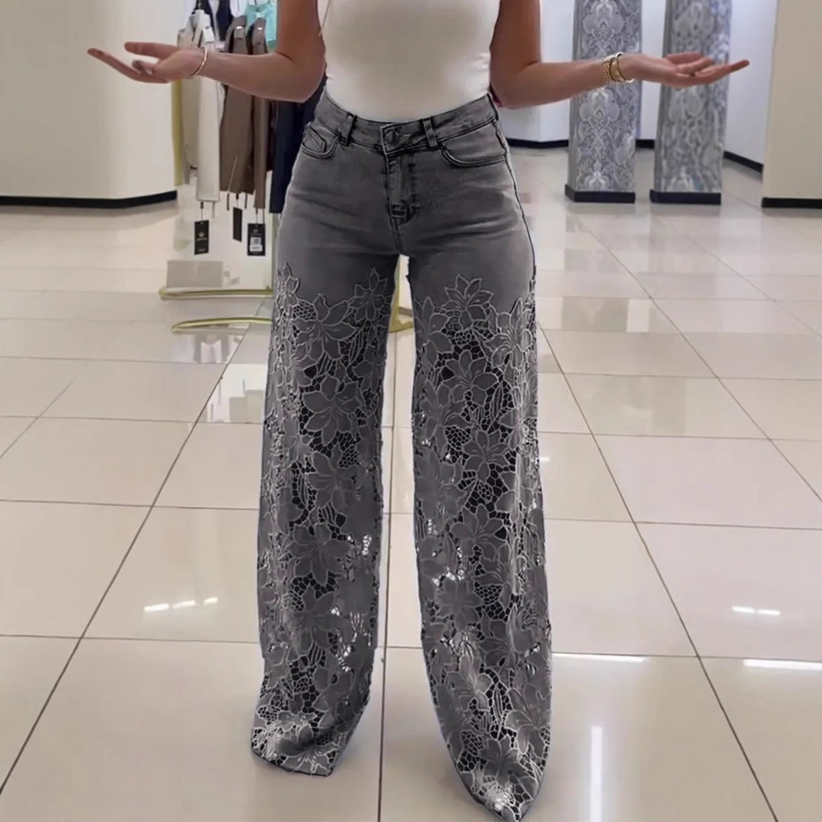 Y2K Lace Flowers Hollow Jeans Fashion High Waist Straight Wide Leg Pants Solid Color Trousers Women's Clothing - Grab & Glow