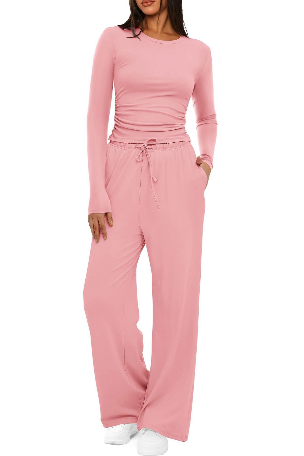 2 Pieces Women's Suit Autumn Winte Long Sleeve Tops High Waisted Wide Leg Pants Sportswear Female Clothes Solid Color Casual Suit - Grab & Glow