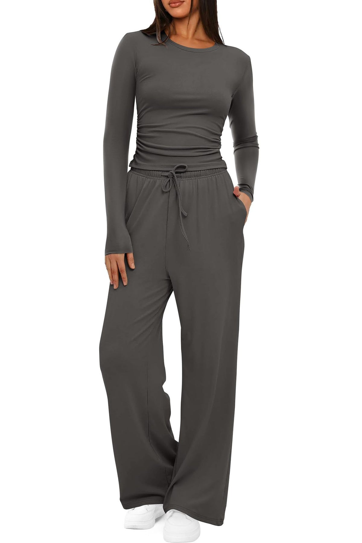 2 Pieces Women's Suit Autumn Winte Long Sleeve Tops High Waisted Wide Leg Pants Sportswear Female Clothes Solid Color Casual Suit - Grab & Glow