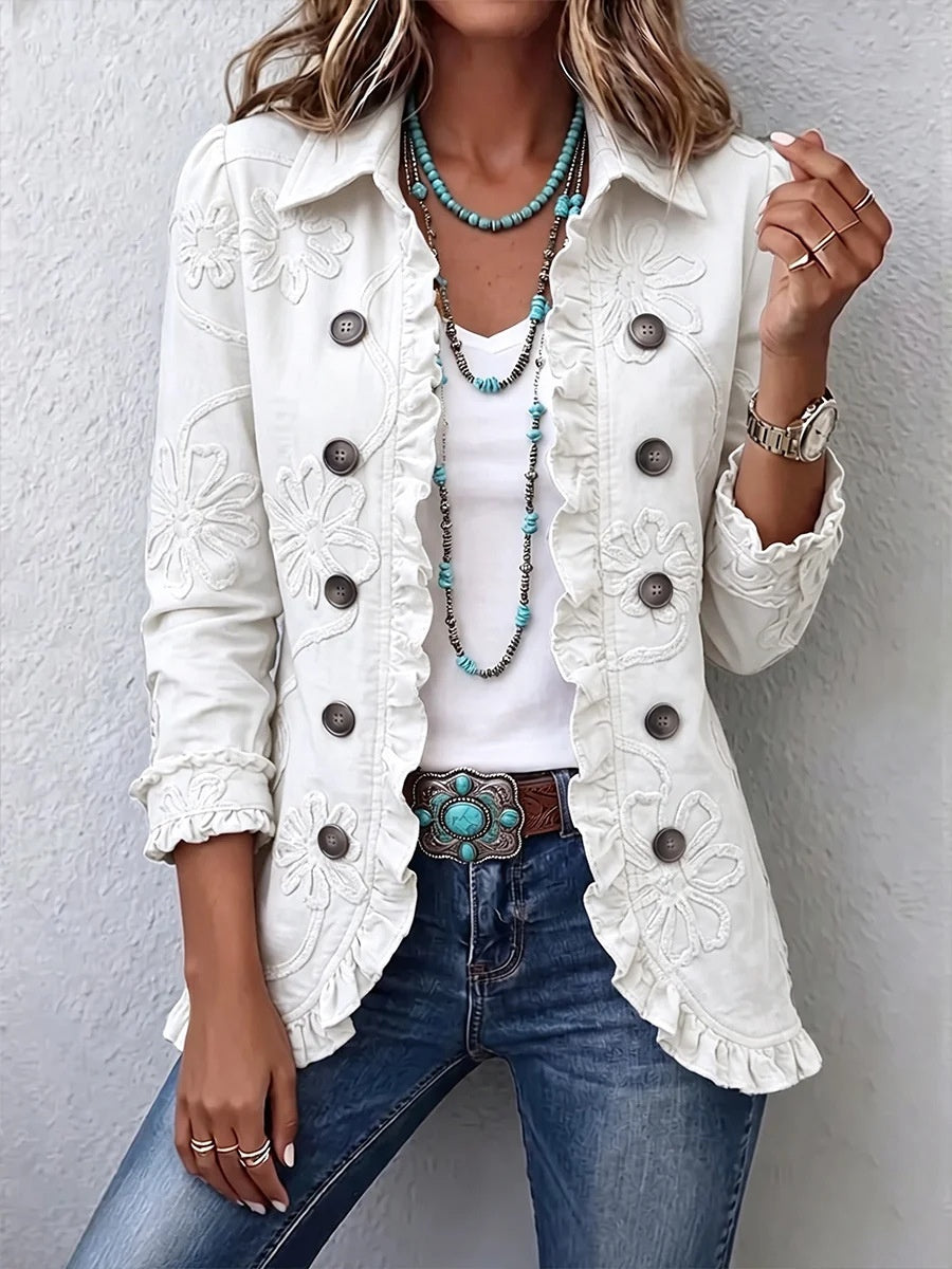 Ruffled Jacket Solid Color Pleated Lapel Blazer Women's Fashion Casual Printed Suit Jacket Office Wear Clothing - Grab & Glow
