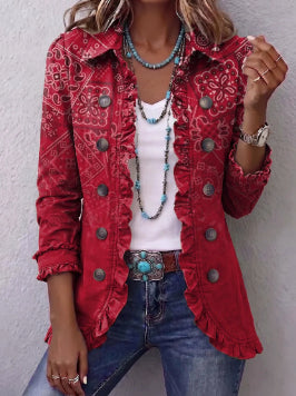 Ruffled Jacket Solid Color Pleated Lapel Blazer Women's Fashion Casual Printed Suit Jacket Office Wear Clothing - Grab & Glow