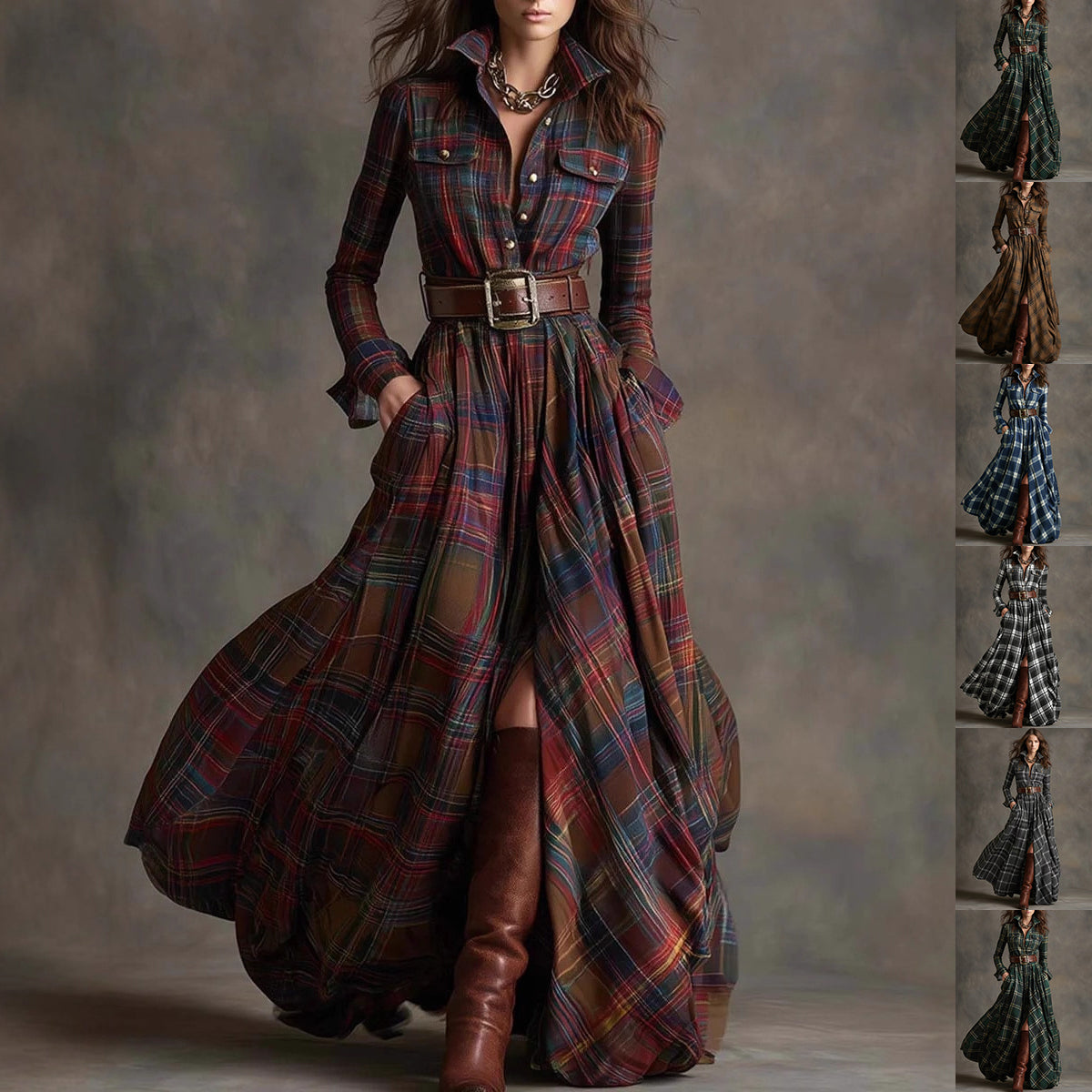 Plaid Print Long-Sleeve Shirt Dress - Grab & Glow