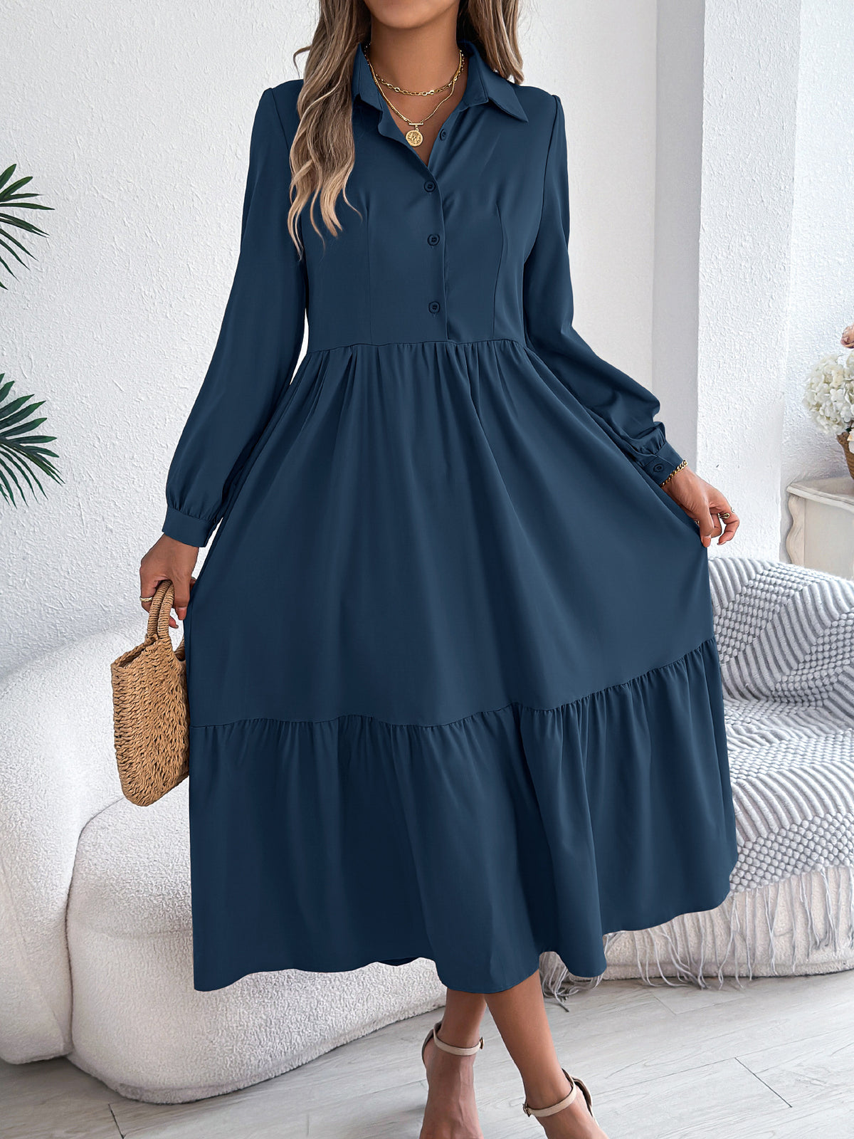Women's Lapel Casual Loose Long Sleeve Ruffled Shirt Dresses Long Sleeved Turn-down Collar Single-Breasted Dress Spring Autumn Fashion Women's Clothing For Vacation - Grab & Glow