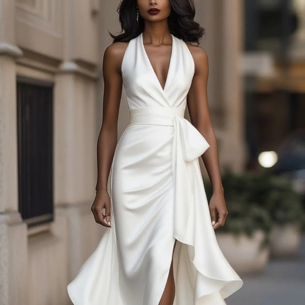 Elegant Deep V-neck Irregular Women's Ruffled Ruffled Evening Dress Gowns Solid Color Lace-up High Waist Satin Party Dresses Wedding Guests Dress - Grab & Glow