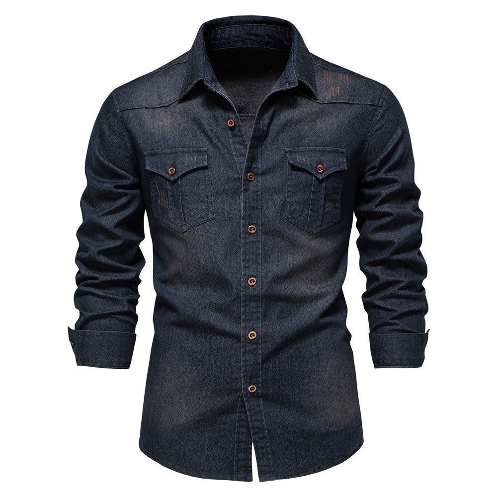 Men's Long-sleeved Denim Shirt Casual Solid Button Slim Tops Clothing - Grab & Glow