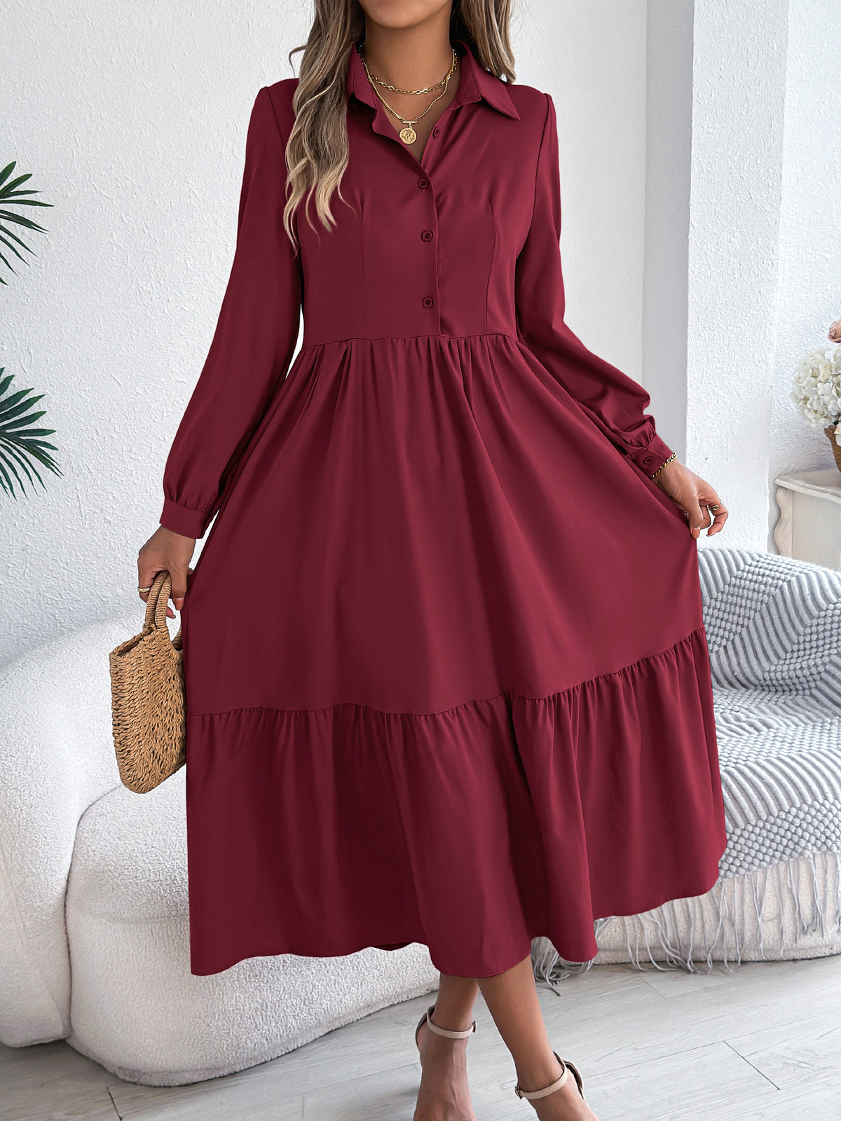 Women's Lapel Casual Loose Long Sleeve Ruffled Shirt Dresses Long Sleeved Turn-down Collar Single-Breasted Dress Spring Autumn Fashion Women's Clothing For Vacation - Grab & Glow