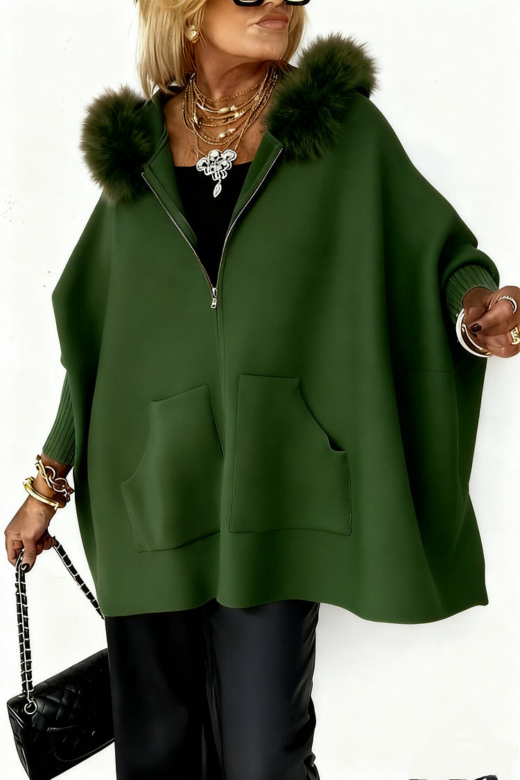 Ins Plush Hooded Cardigan Fashion Warm Pockets Zip-up Knitted Jacket Casual Outerwear Batwing Sleeve Sweater Women's Clothing - Grab & Glow