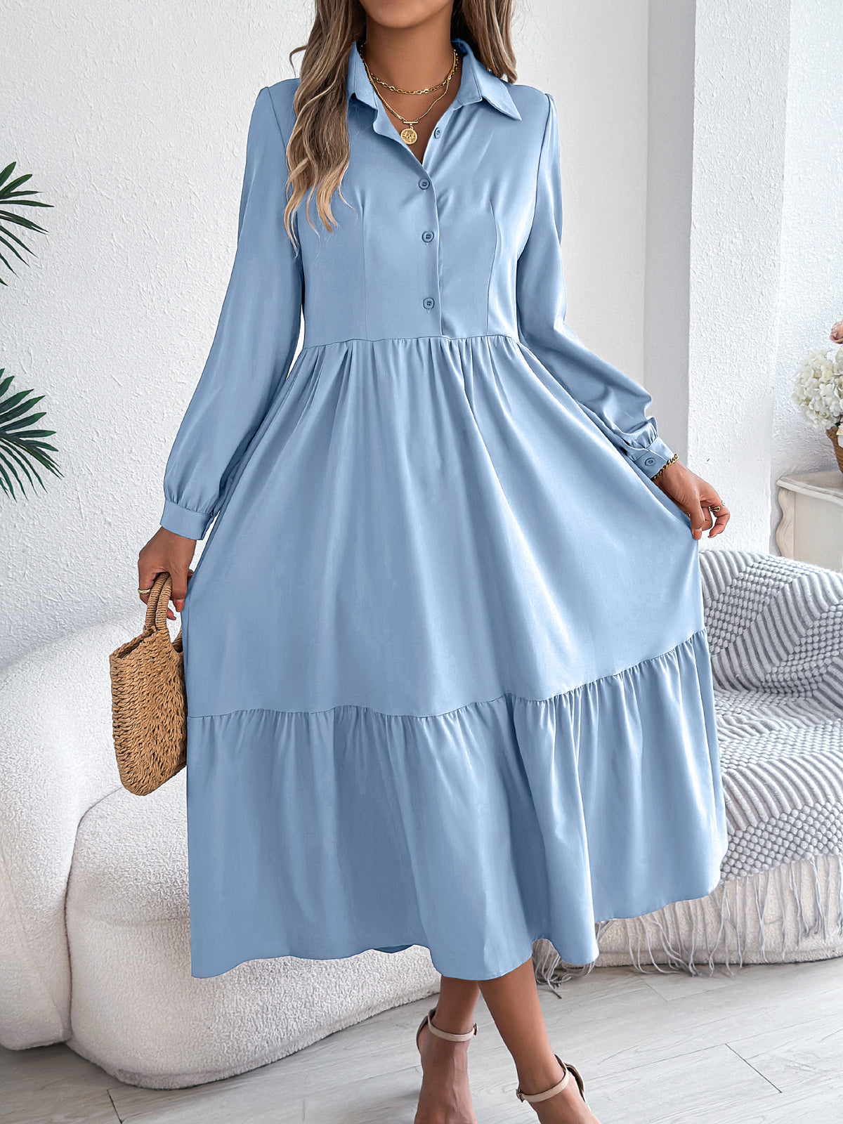 Women's Lapel Casual Loose Long Sleeve Ruffled Shirt Dresses Long Sleeved Turn-down Collar Single-Breasted Dress Spring Autumn Fashion Women's Clothing For Vacation - Grab & Glow