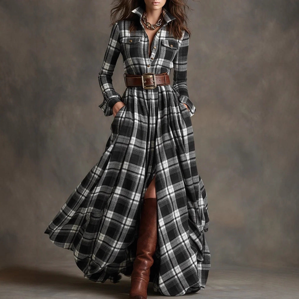 Plaid Print Long-Sleeve Shirt Dress - Grab & Glow