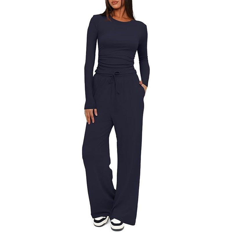 2 Pieces Women's Suit Autumn Winte Long Sleeve Tops High Waisted Wide Leg Pants Sportswear Female Clothes Solid Color Casual Suit - Grab & Glow