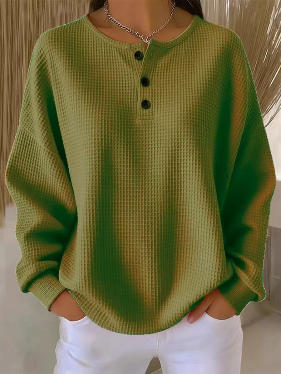 Ins Waffle Long-sleeved T-shirt Fashion Solid Color Buttons Round Neck Pullover Top Women's Clothing - Grab & Glow