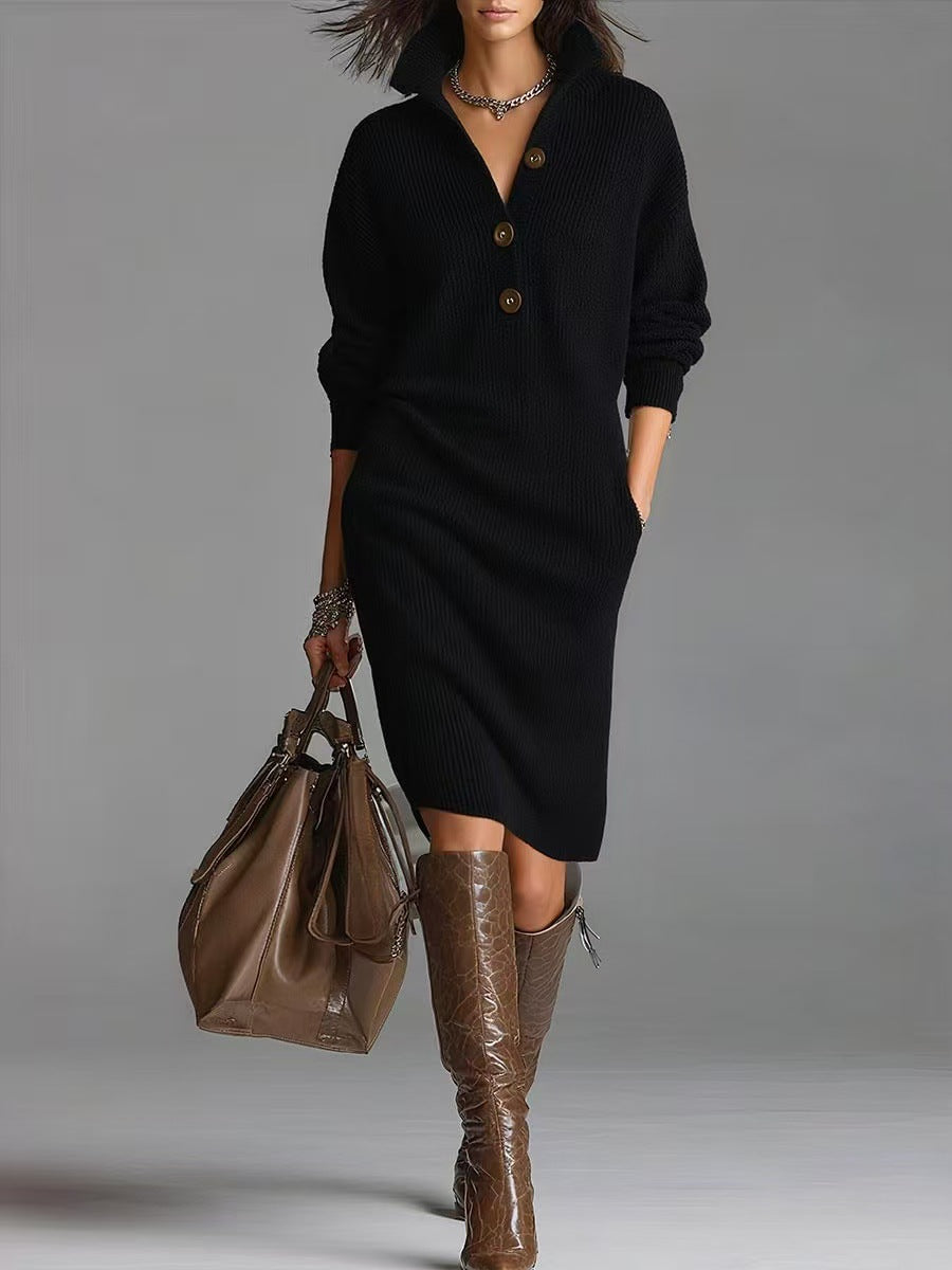 Long-sleeved Sweater Dress Fashion Warm Stand-up Collar V-neck Button Pullover Dresses Winter Casual Commuting Women's Clothing - Grab & Glow