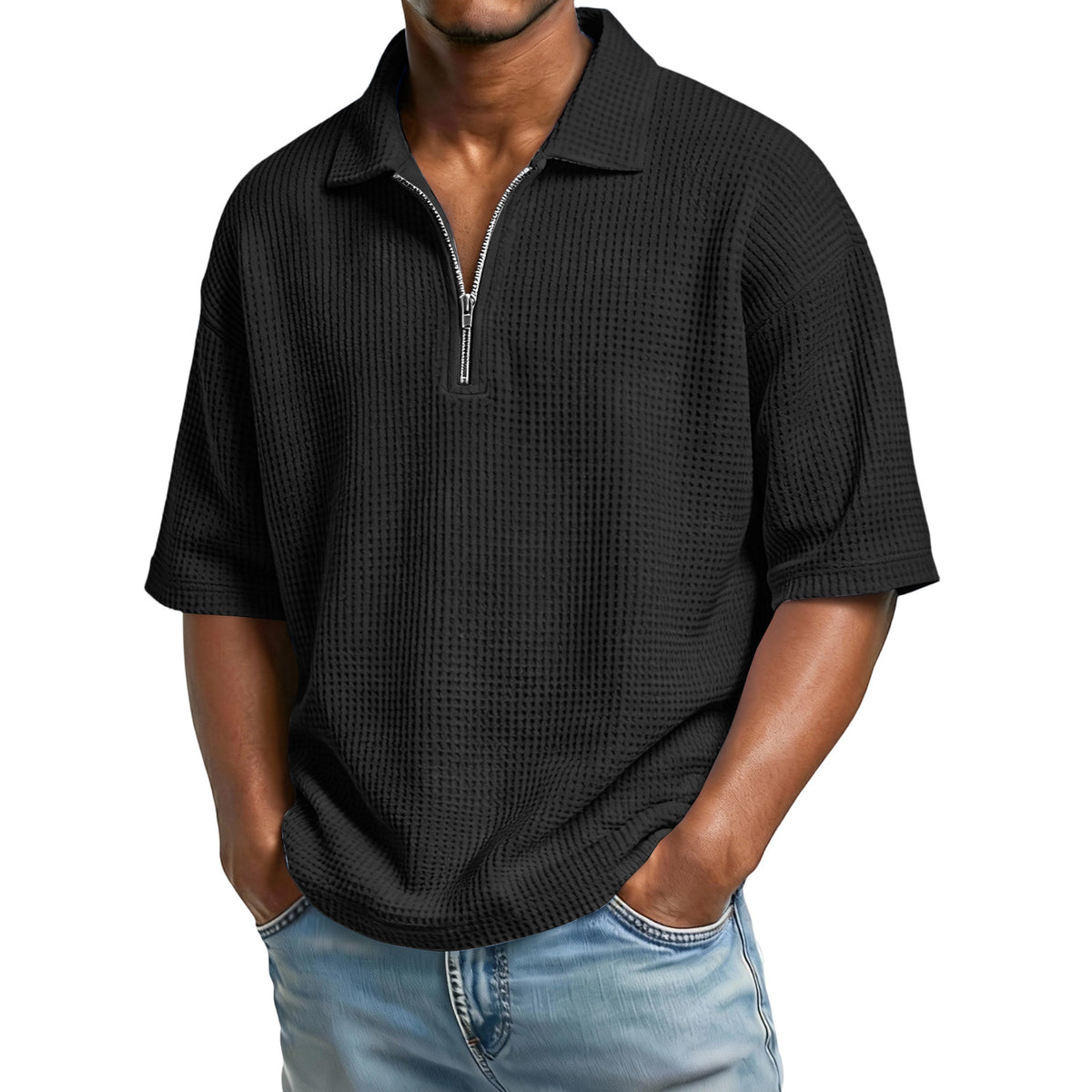 Men's Waffle-Weave Short-Sleeved Shirts Summer Solid Color Lapel Polo Shirt T-Shirt Beach Style Tops - Grab & Glow