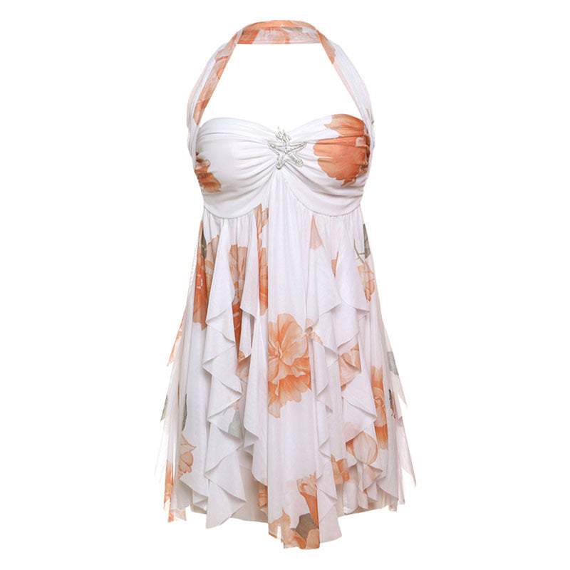 Ins Halter Neck Backless Dress Summer Sexy Printed Irregular Mesh Short Dresses For Evening Party Club Women's Clothing - Grab & Glow